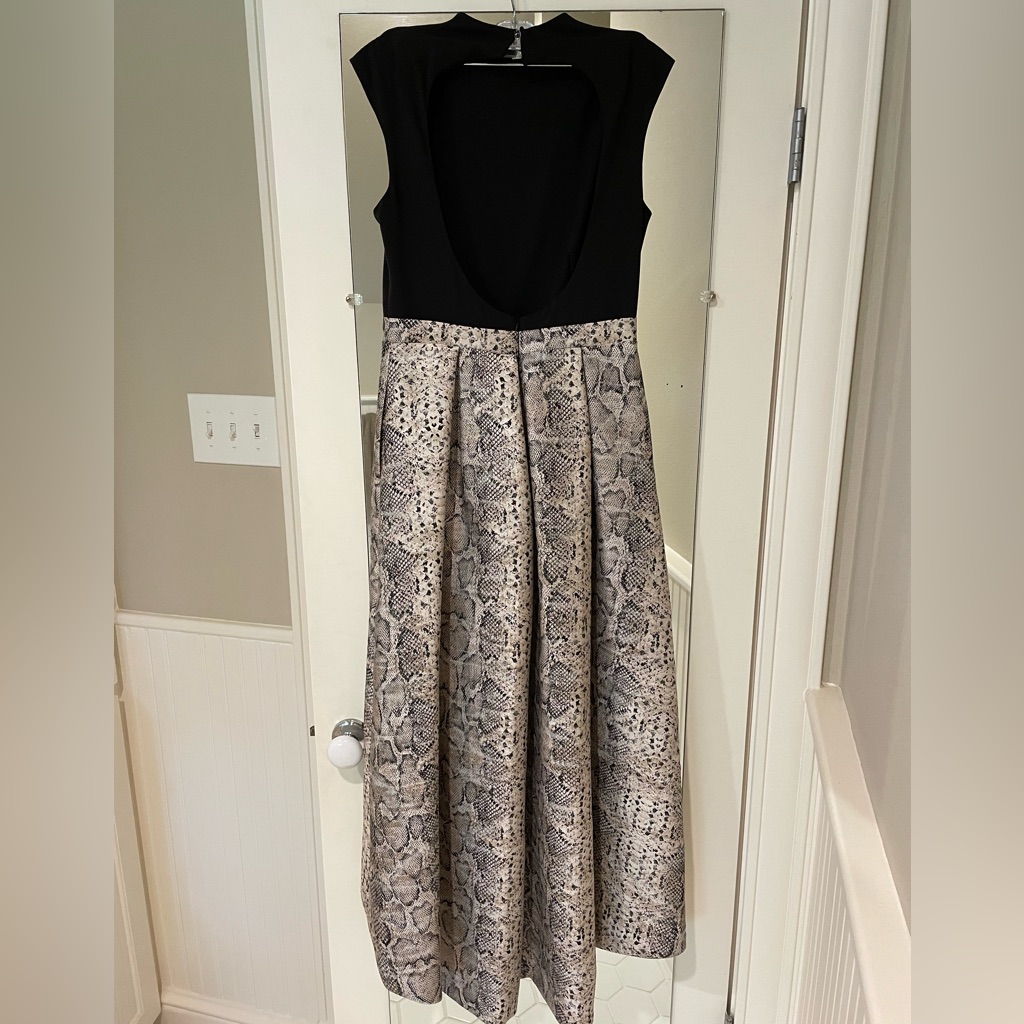 High Low Evening Dress With Black High Neck Top And Champagne Snakeskin Skirt